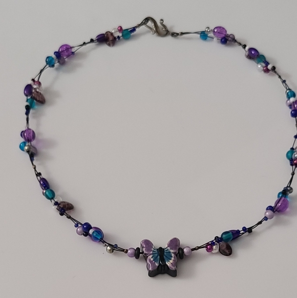 Artisan Jewelry - 925 Vintage Butterfly Pottery Necklace Artisan Glass Beaded Purple Cats Eye Vtg